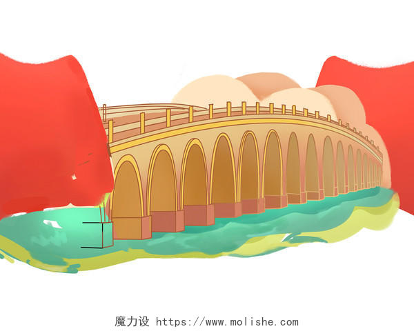 彩色手绘国潮卡通喜迎国庆国庆节建筑大桥元素PNG素材